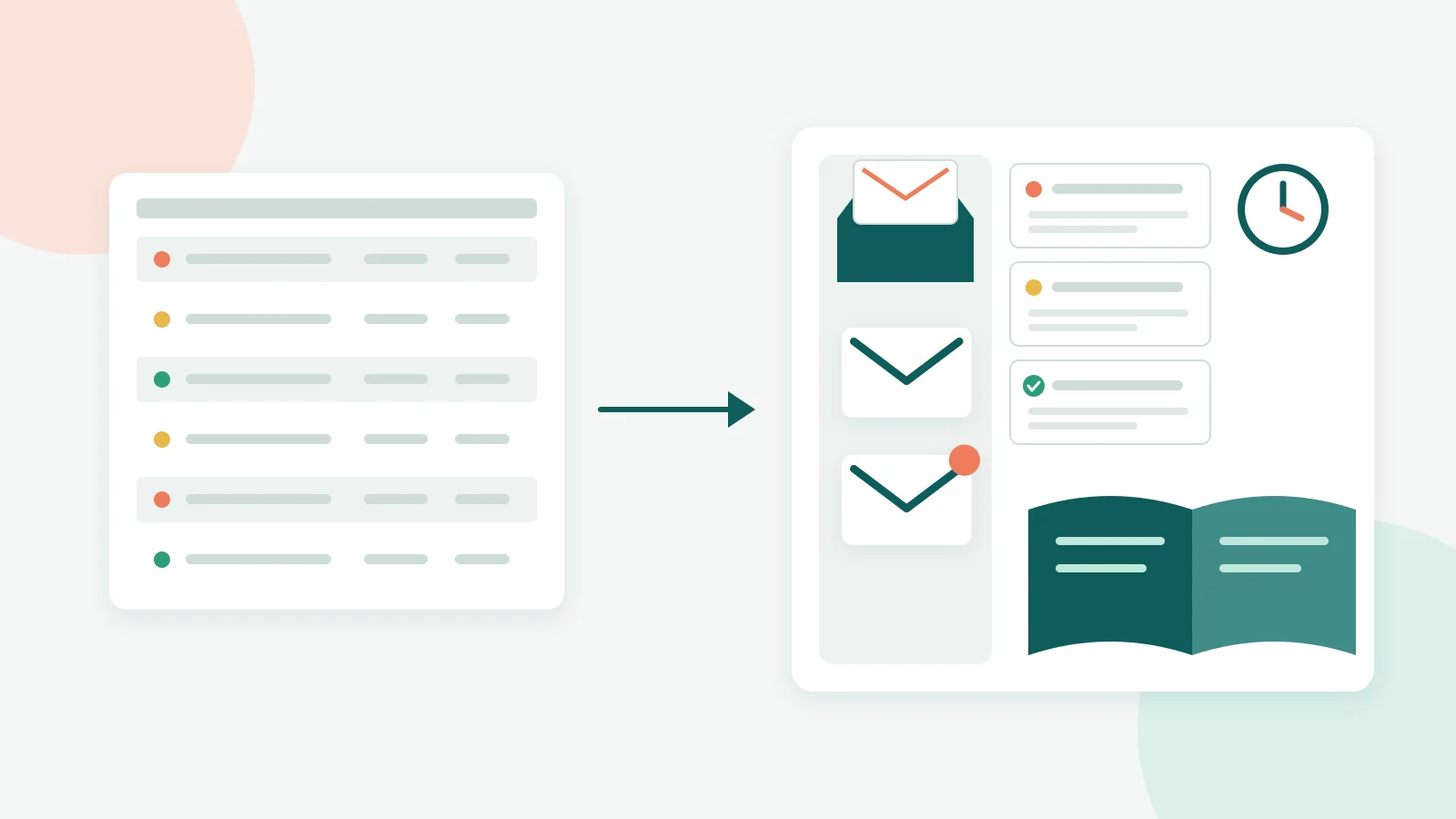 Flat illustration of a simple spreadsheet-style issue list on the left and a full help desk with inbox, ticket cards and help articles on the right