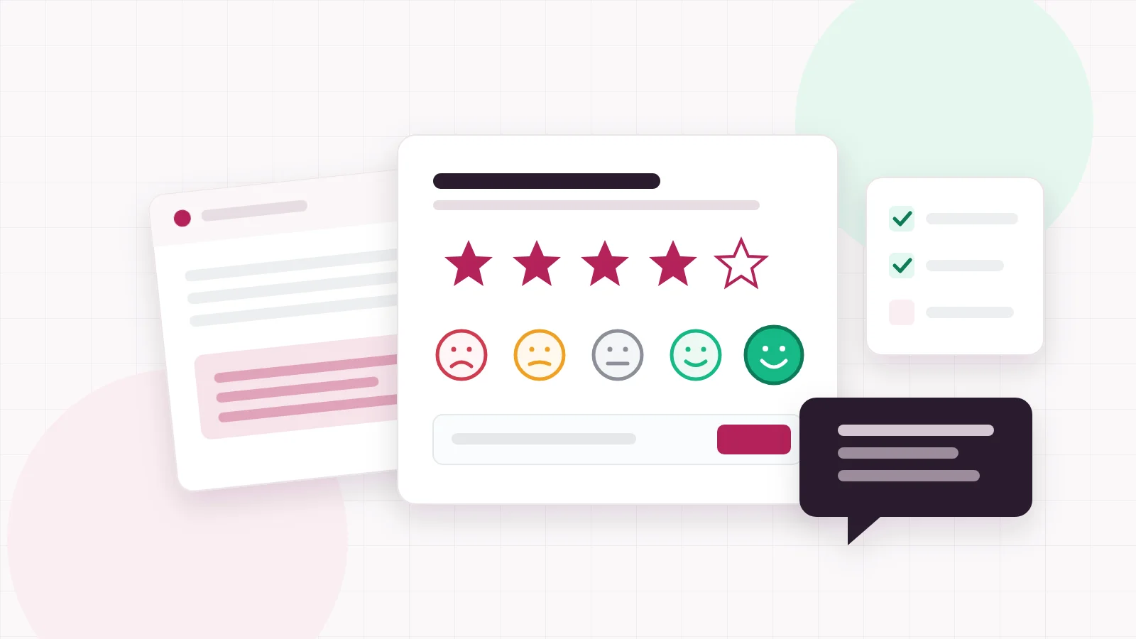 Illustration of a customer satisfaction survey card with a five star rating, a row of faces from unhappy to happy, a support ticket and a reply bubble