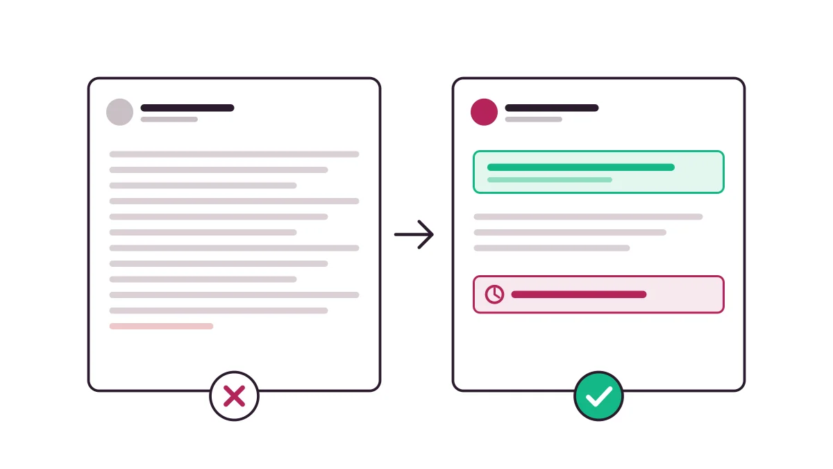Illustration comparing a vague, defensive reply with a clear reply that leads with the answer and a next step