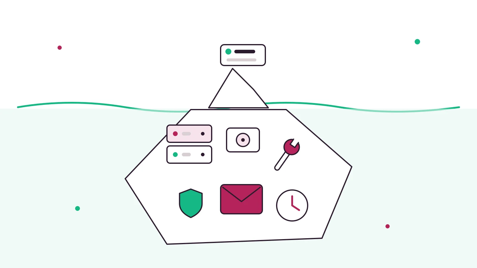 Iceberg illustration showing a small license cost above water and larger hidden costs like servers, backups and patches below