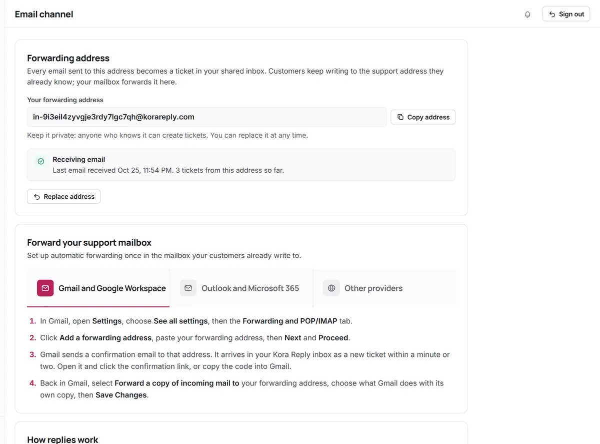 Kora Reply email channel settings with the private forwarding address, the first email received, and setup steps for Gmail, Outlook and other providers (fictional demo workspace)