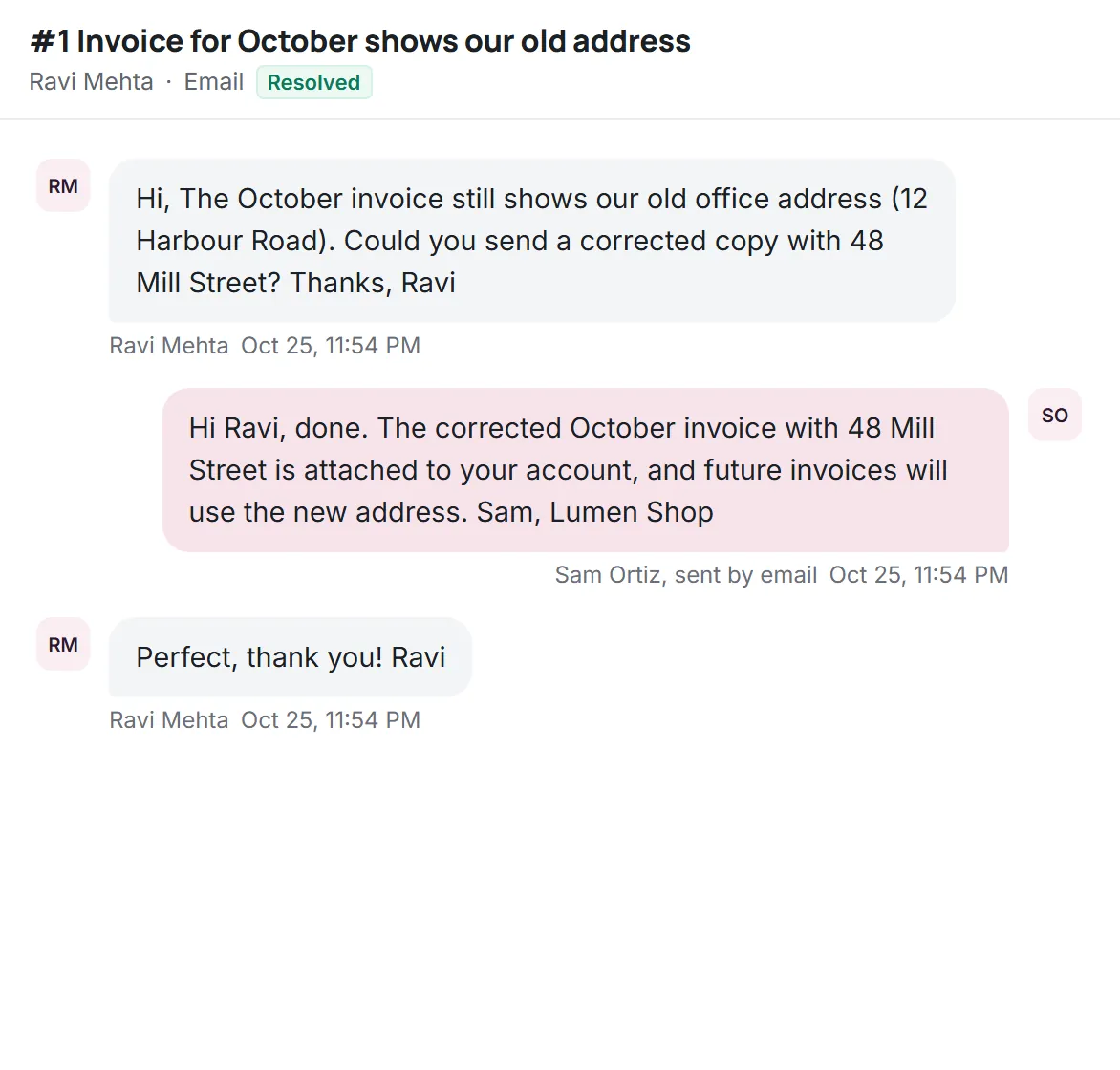 An email conversation threaded into one Kora Reply ticket: the customer's request, the agent's reply and the customer's thank-you (fictional demo workspace)
