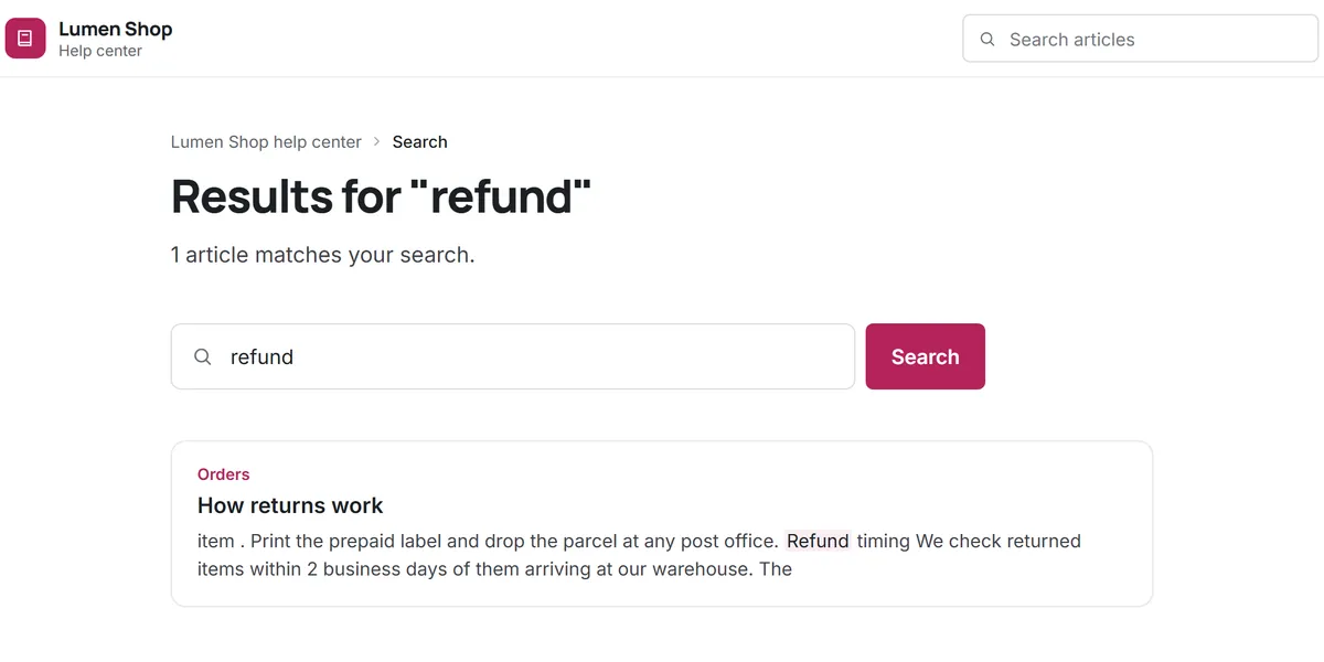 A public Kora Reply help center showing search results for refund with the matching article and its category (fictional demo workspace)
