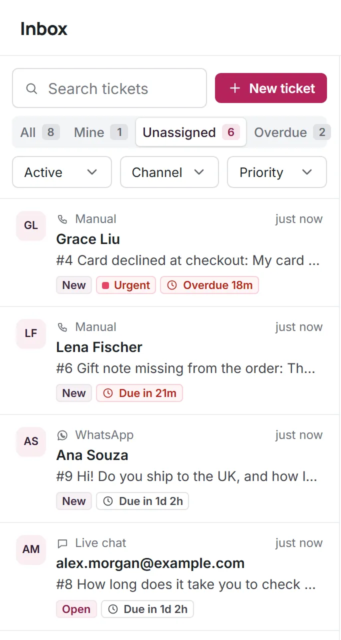 Kora Reply inbox listing tickets from email, live chat, WhatsApp and manual entry, each with status, priority and a first reply target such as Overdue 18m or Due in 21m (fictional demo workspace)