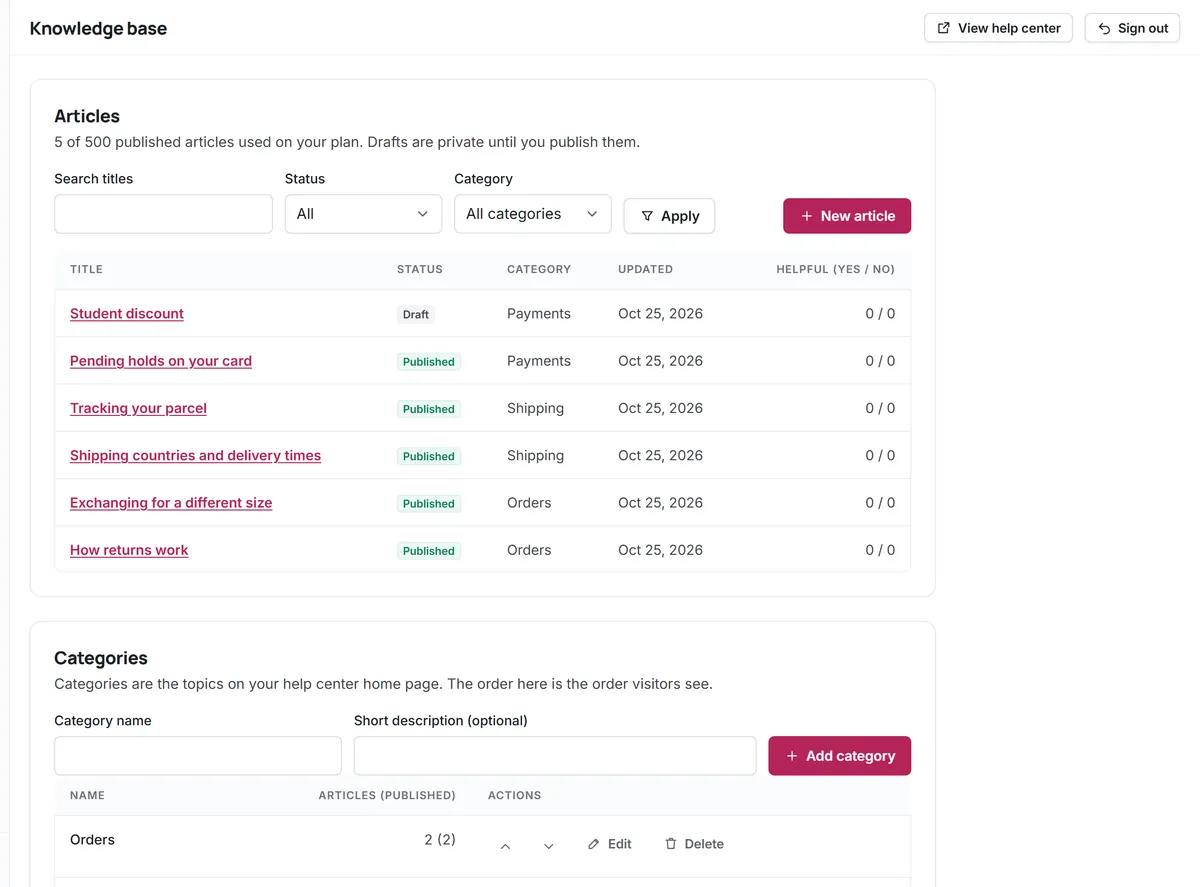 Kora Reply knowledge base with published articles in categories Orders, Shipping and Payments and one draft that customers and the AI assistant cannot see (fictional demo workspace)