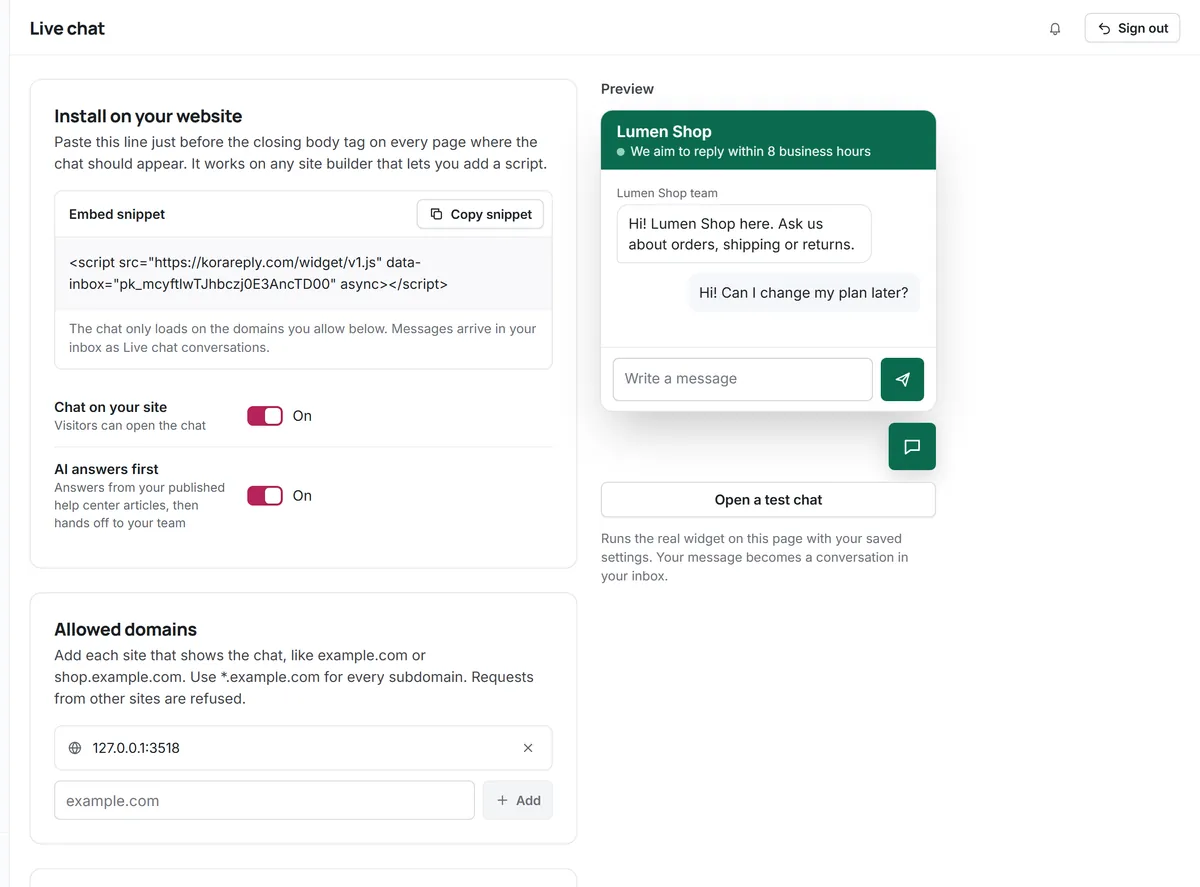 Kora Reply live chat settings with the one-line install snippet, a live preview of the widget, the AI first reply switch and the allowed domains list (fictional demo workspace)