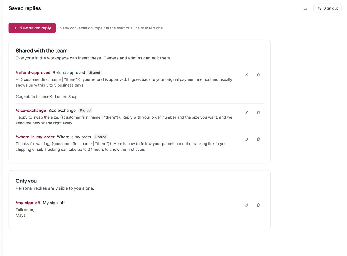 Kora Reply saved replies page with shared replies such as /refund-approved and /size-exchange using customer variables, and a personal sign-off (fictional demo workspace)