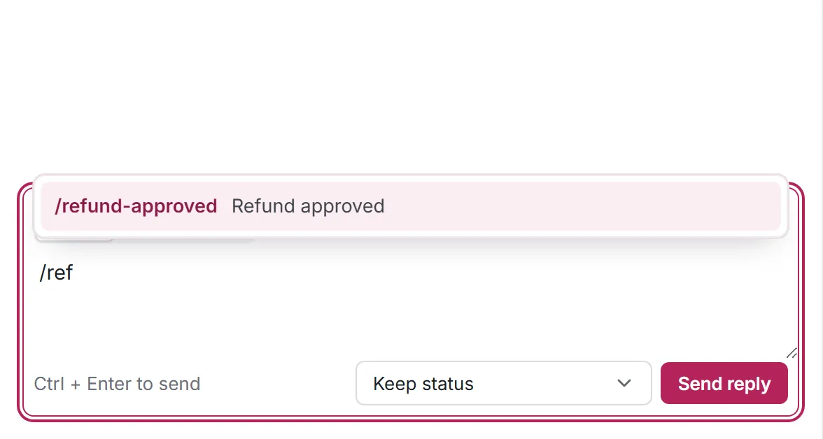 Typing /ref in the Kora Reply composer opens the saved reply list with Refund approved ready to insert (fictional demo workspace)