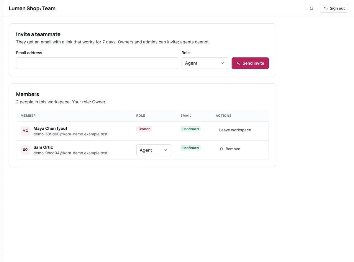 Kora Reply team page: invite a teammate by email with a role, and the members list with owner and agent roles (fictional demo workspace)
