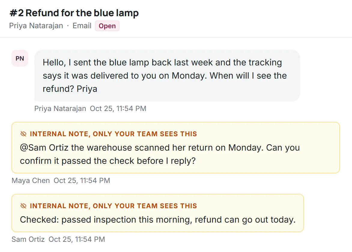 A Kora Reply email ticket with the customer's message and two internal notes between teammates, marked as visible to the team only (fictional demo workspace)