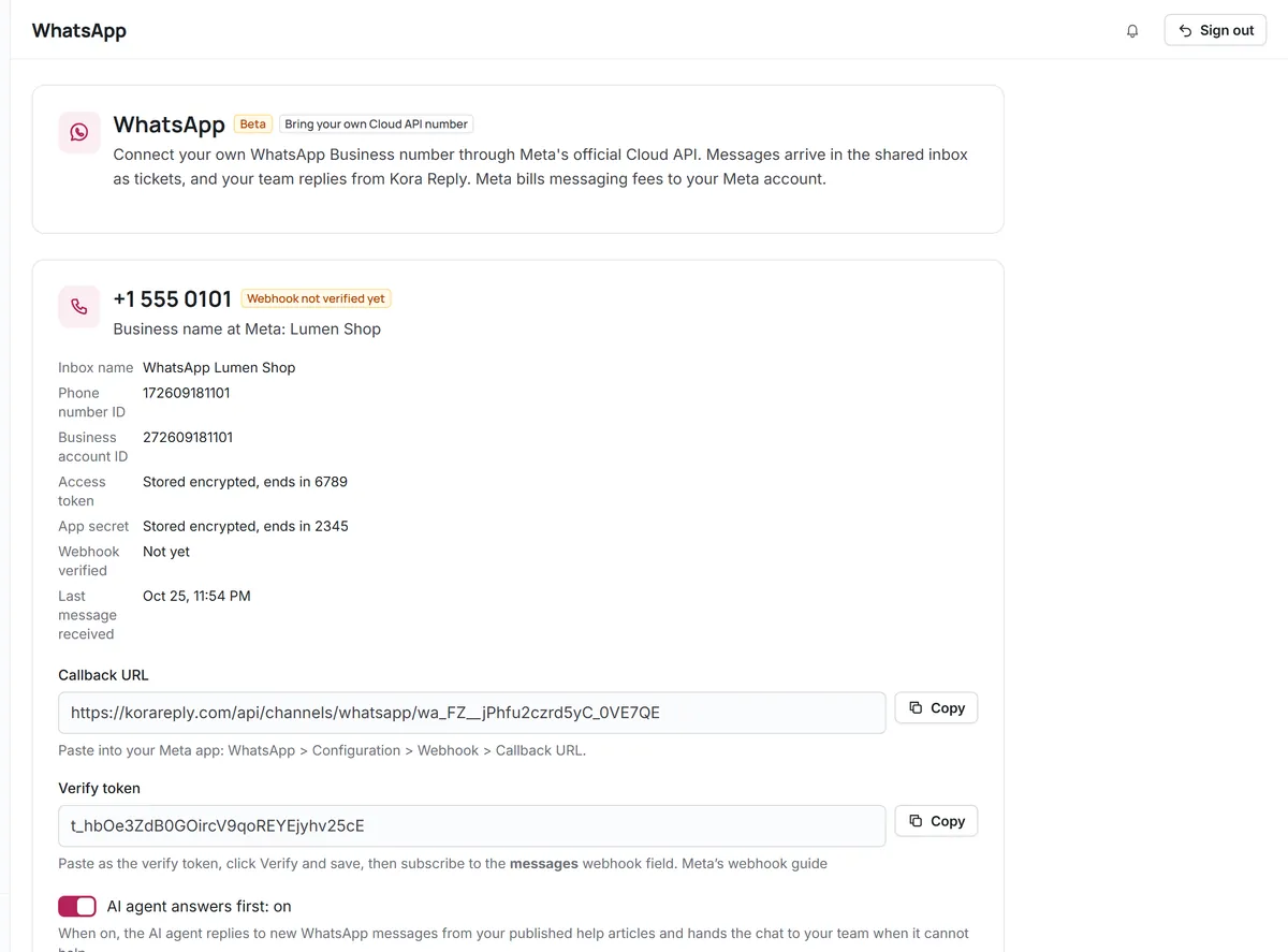 Kora Reply WhatsApp settings for a connected Cloud API number: business account details, encrypted token and app secret showing only their last characters, the callback URL and verify token, and the AI switch (fictional demo workspace connected to a simulated Meta account)