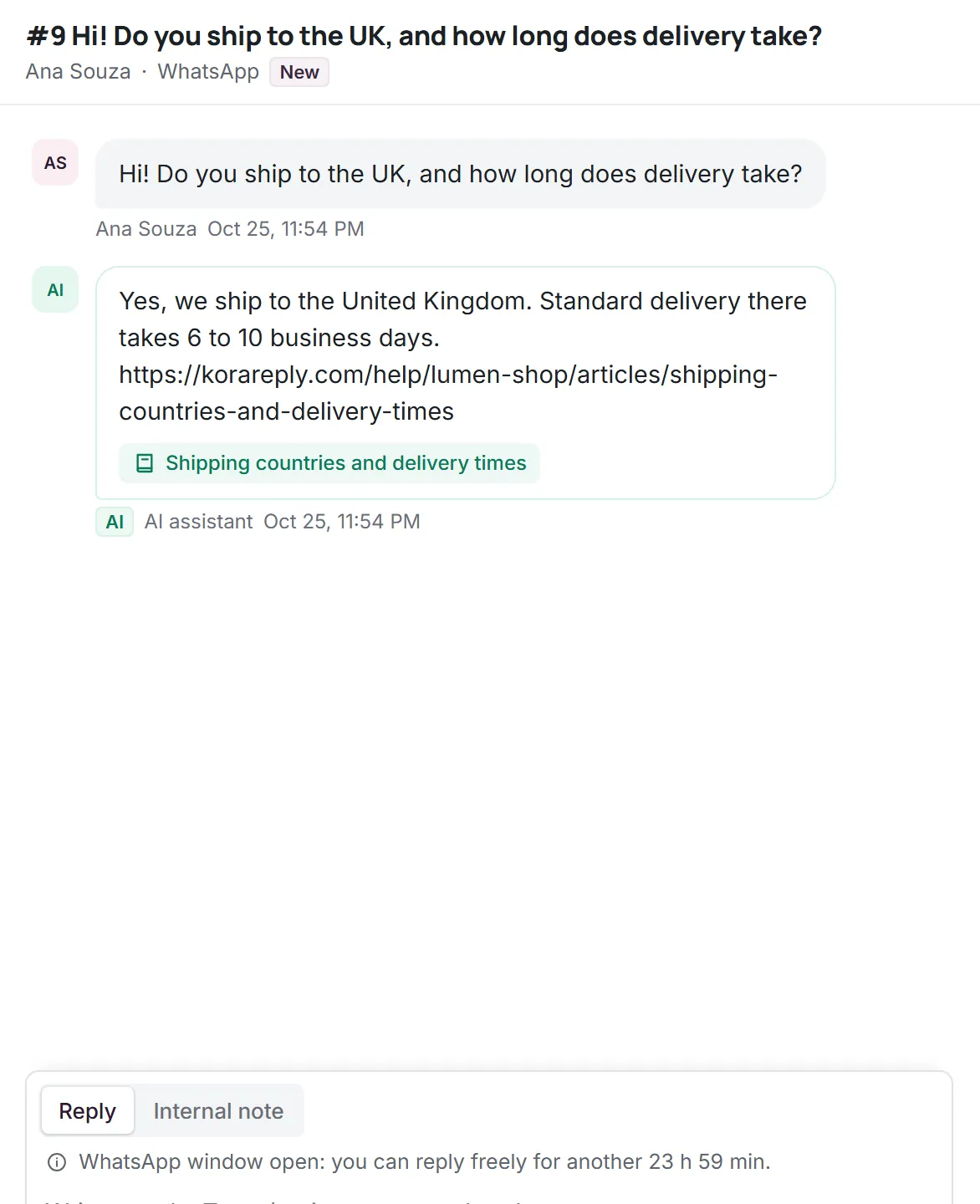 A WhatsApp conversation in Kora Reply: the AI assistant answers a shipping question from the help center article it links, and the composer shows the open 24 hour WhatsApp window (fictional demo workspace, simulated Meta account)