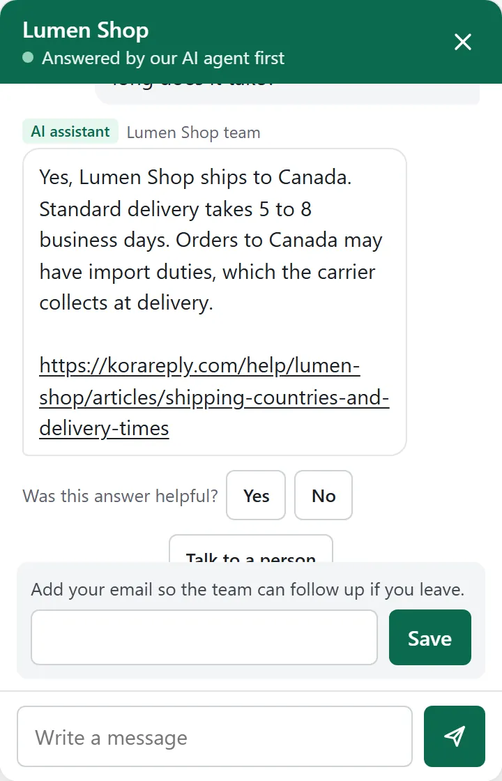 The Kora Reply chat widget on a demo store: the AI assistant, labelled as such, answers a shipping question from the help center with a link to the article, plus Was this answer helpful and Talk to a person buttons (fictional demo workspace)